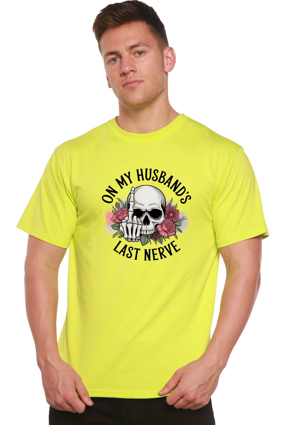 Spun Bamboo men's sublimation graphic T-shirt with humorous "On My Husband's Last Nerve" print in bamboo and cotton fabric