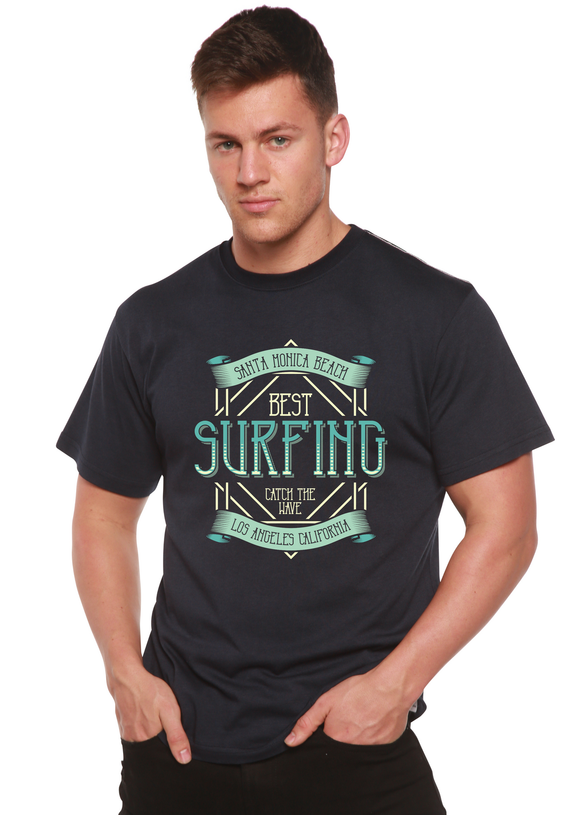 Spun Bamboo men's printed short sleeve T-shirt with surfing graphic, made from bamboo viscose and organic cotton fabric.