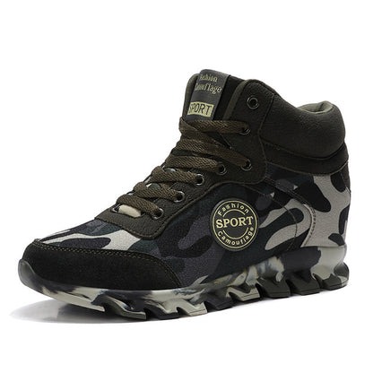 Women's casual camouflage increased sneakers, side view with textured sole and lace-up design