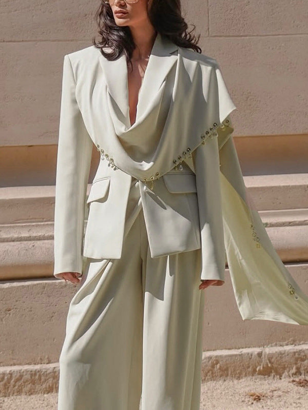 Waterfall draped pearl crystal bead trim asymmetrical tailored blazer by My Store