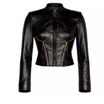 Heavy-duty PU leather moto-style cropped jacket with stand collar and zip front, Type 4