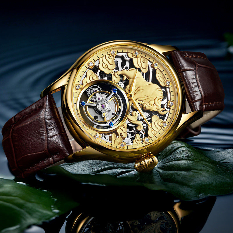 Double-sided gemstone glass mechanical watch with visible intricate movement and jeweled details