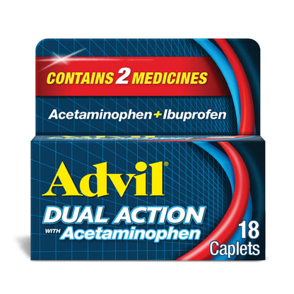 Advil Dual Action coated caplets with ibuprofen and acetaminophen for 8-hour pain relief, 18-count package by BACKUPMYFILESNOW®.