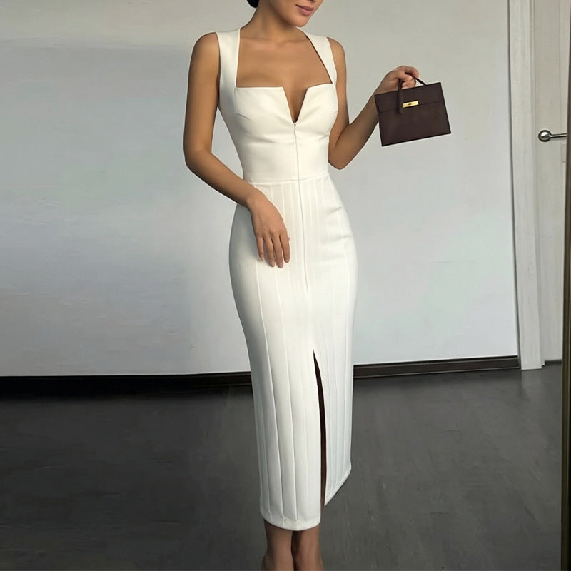 Solid-color slit sheath dress for women in a sleek, fitted silhouette