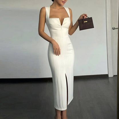 Solid-color slit sheath dress for women in a sleek, fitted silhouette