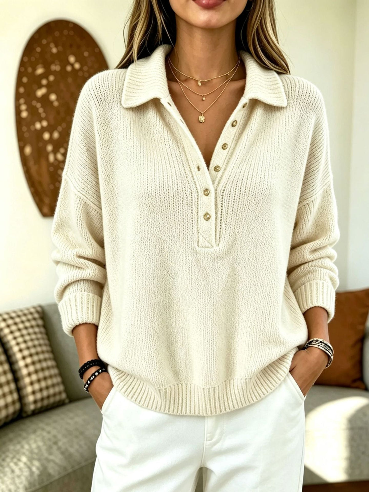 Women's blended yarn textured sweater with a soft knit pattern and long sleeves