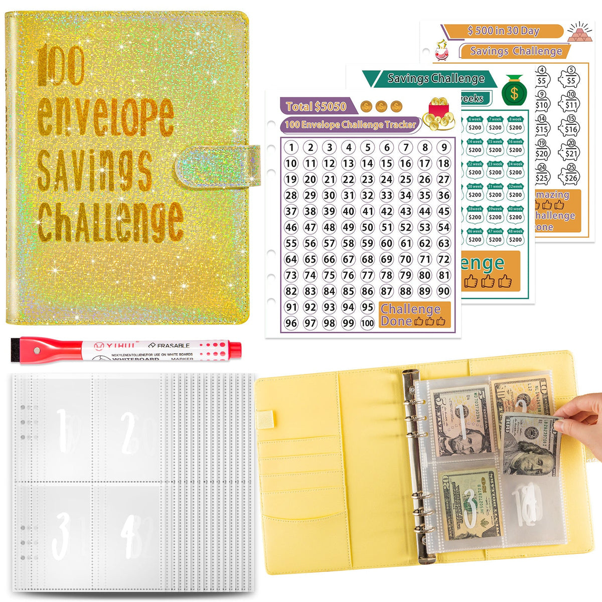 5A Money Saving Challenge Planner with savings tracker and budgeting pages