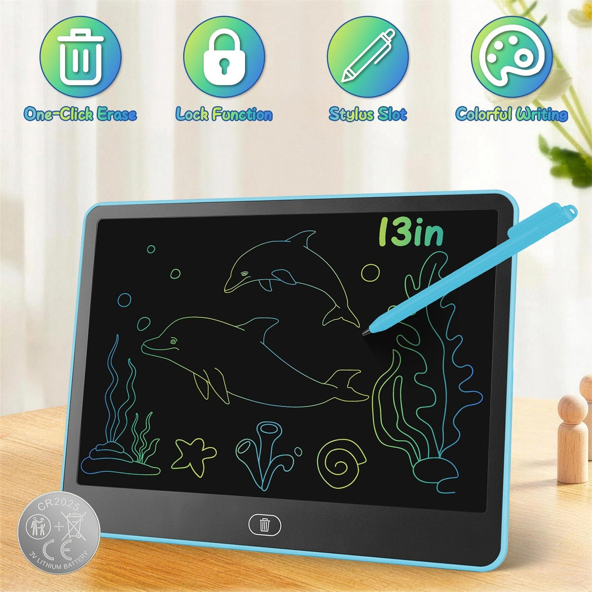 GBruno Store LCD writing tablet for kids with stylus and lock function, showing a colorful drawing on the screen