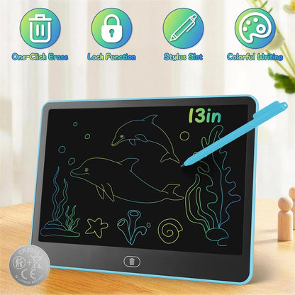 GBruno Store LCD writing tablet for kids with stylus and lock function, showing a colorful drawing on the screen