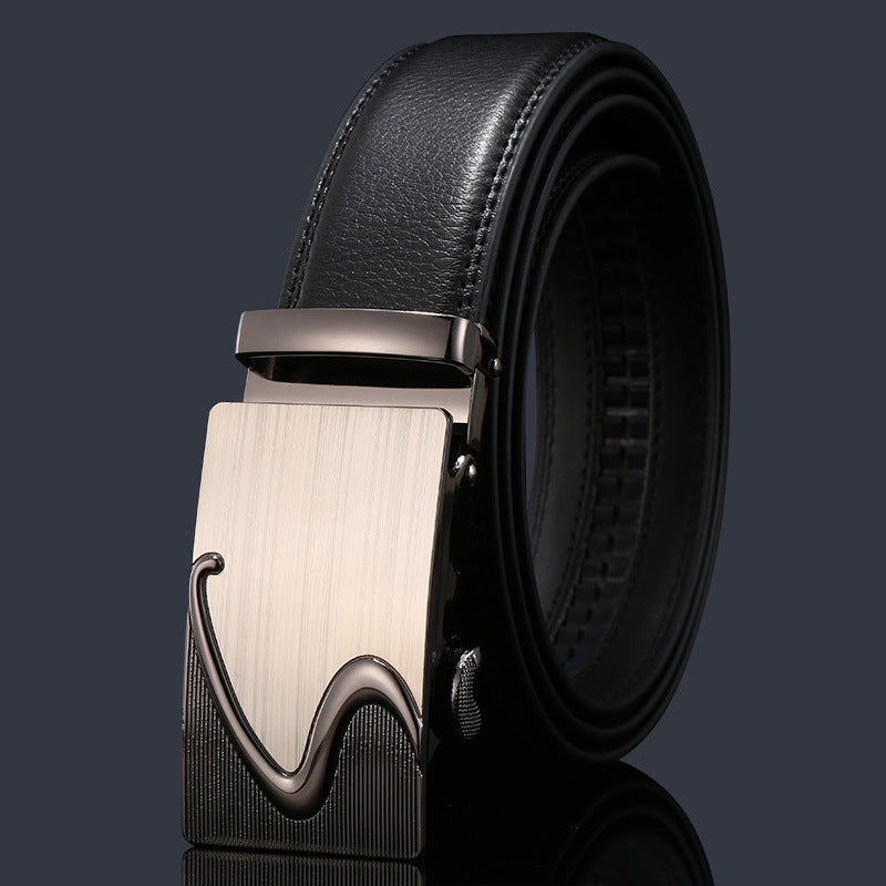 Men's genuine leather belt with automatic buckle, black leather strap and polished metal buckle
