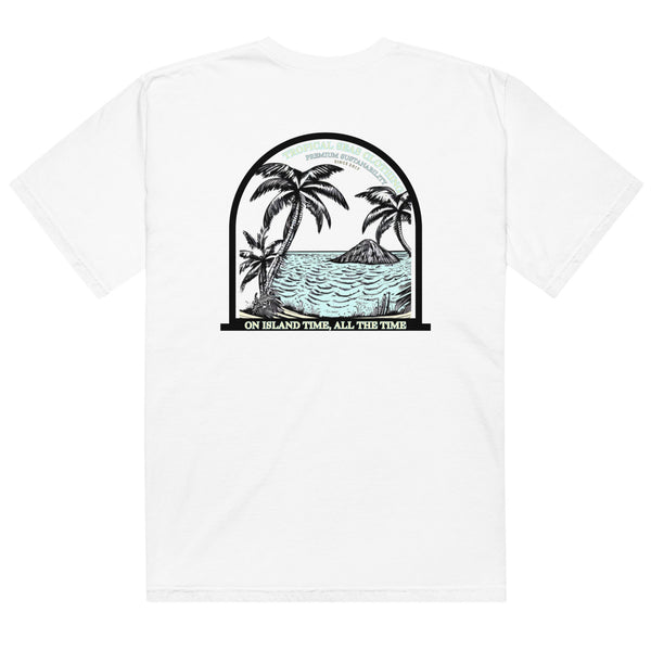 Men’s Island Time, All the Time heavyweight T-shirt from BACKUPMYFILESNOW.COM® with tropical island graphic and casual fit.