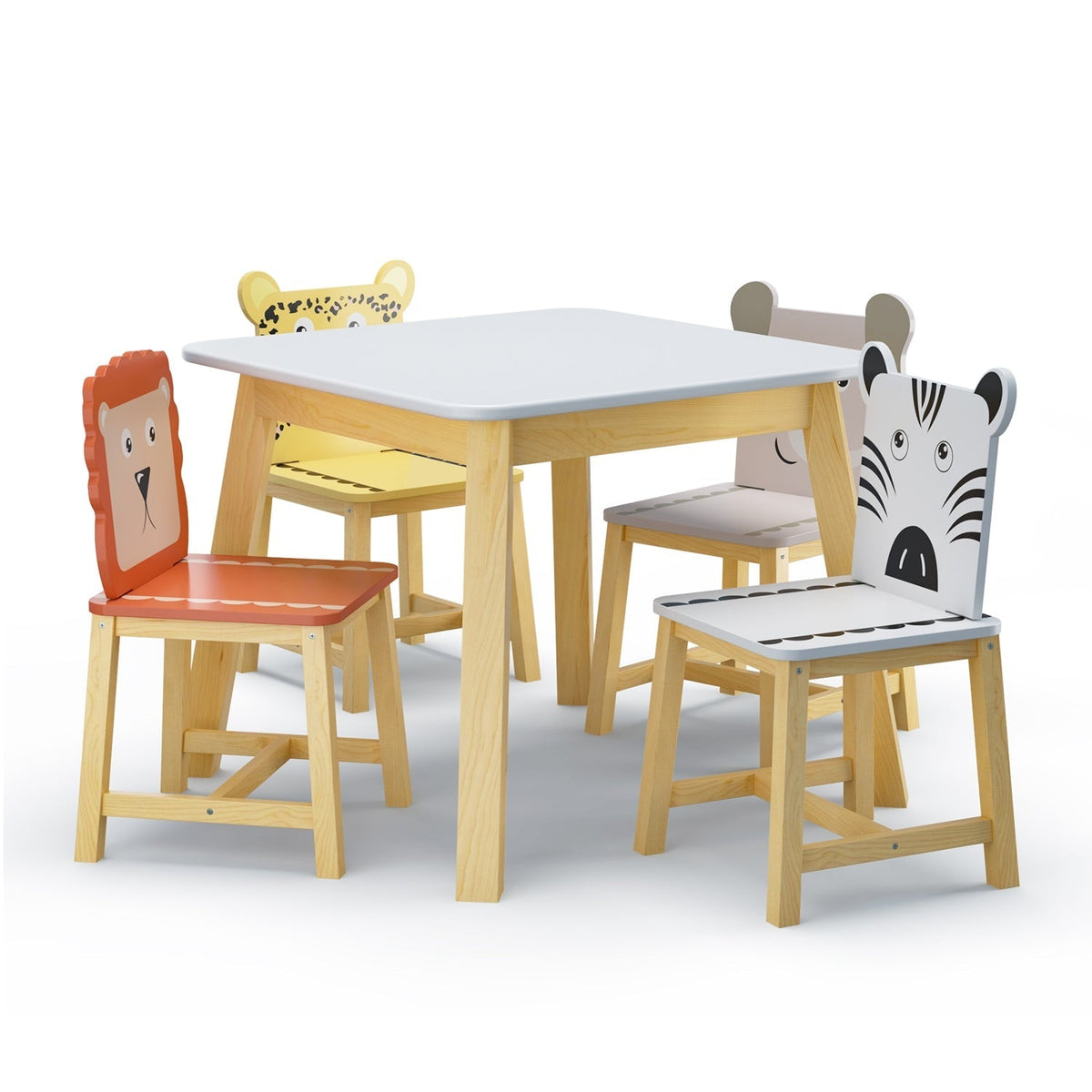 Kids furniture set with a colorful table and four chairs featuring playful animal designs, ideal for children's playroom or classroom.