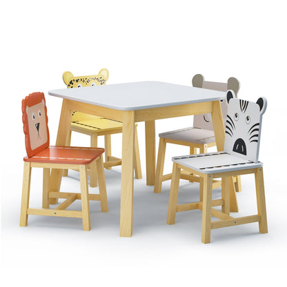 Kids furniture set with a table and four chairs featuring colorful animal designs, perfect for children’s playroom or bedroom.