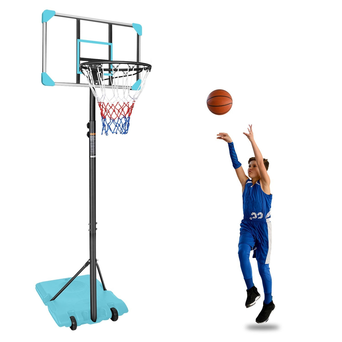 Kids basketball hoop by GBruno Store with adjustable height from 5.6 to 7 feet and wheels for easy mobility.
