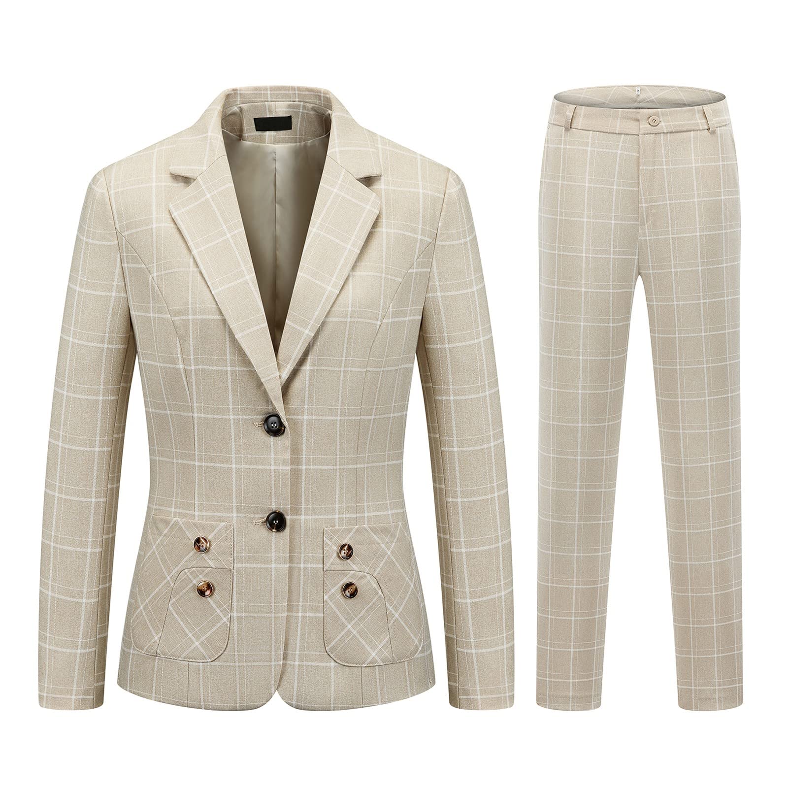 Womens 2 Piece Plaid Suits Casual Slim Fit Two Button Blazer and Pants Suit Set for Work Business Office(Apricot 01X-Small)