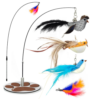 Indoor cat playset with feather wand and colorful toys, designed for feline entertainment and exercise by BACKUPMYFILESNOW®.