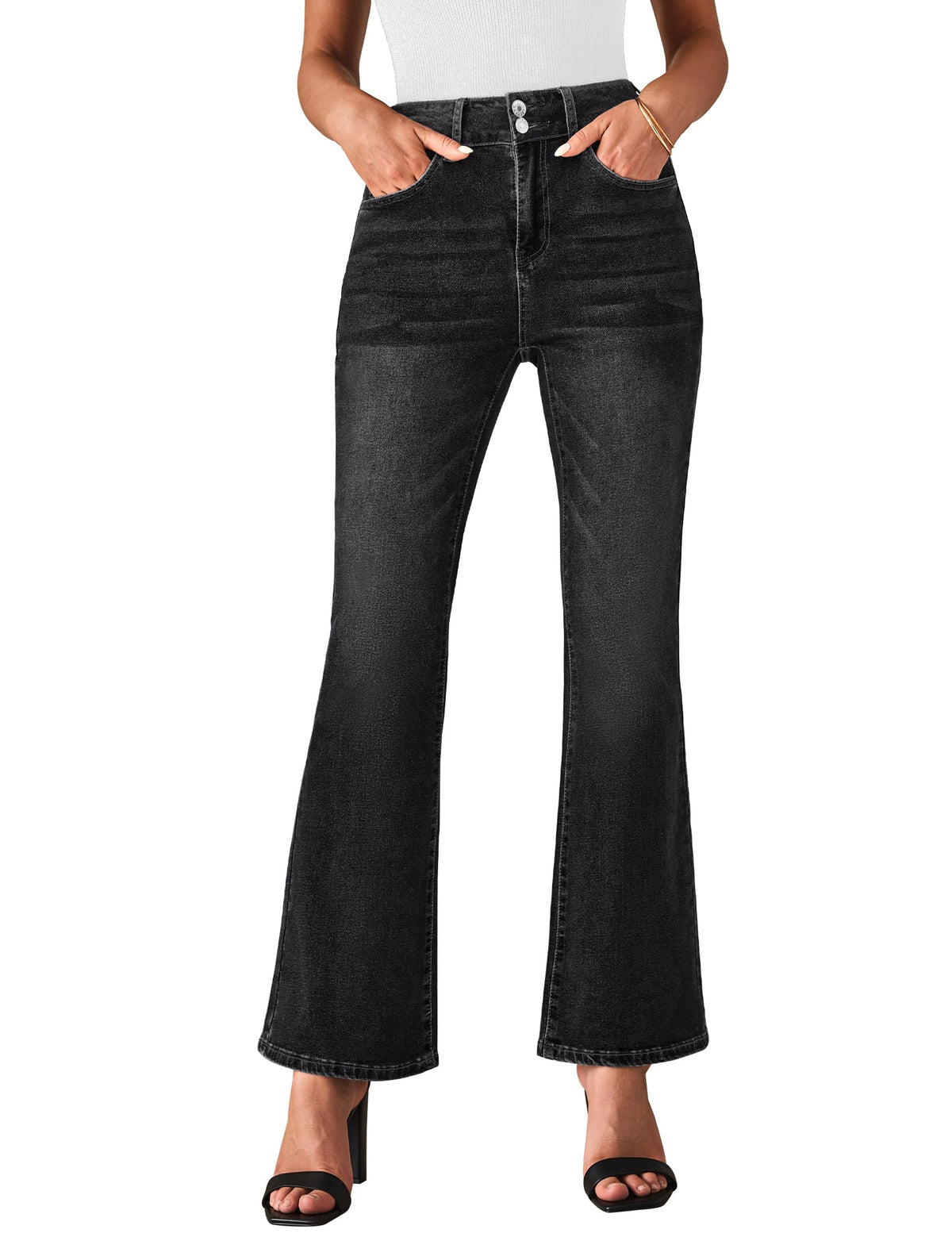 Back view of Luvamia high rise flare jeans for women in washed black, showcasing the fit and stylish flare design.