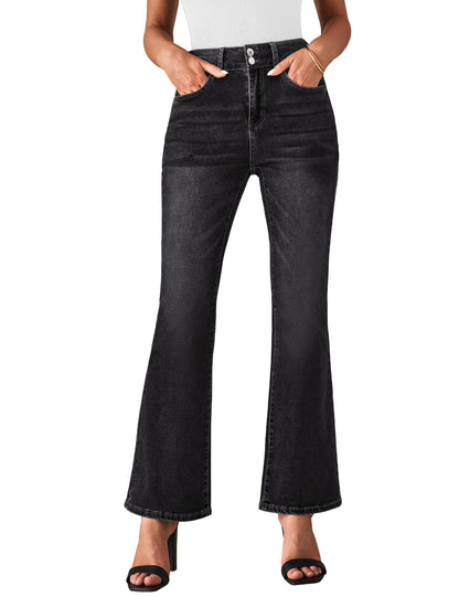 Back view of Luvamia high rise flare jeans for women in washed black, showcasing the fit and stylish flare design.
