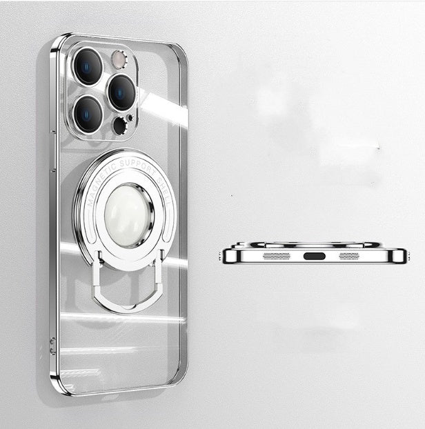 iPhone 15 transparent soft phone case with magnetic suction pull rod and invisible bracket, electroplated edges