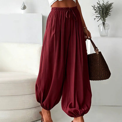 Women's summer loose drawstring wide-leg cropped harem pants with draped effect in casual fashion style