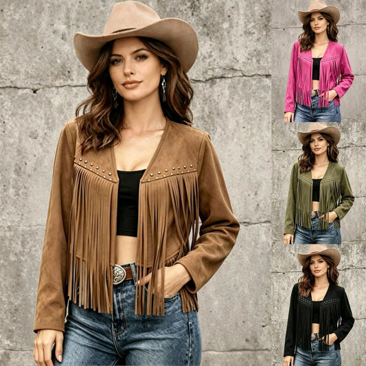Women's solid-color rivet-embellished long-sleeve cardigan coat in a clean, structured design