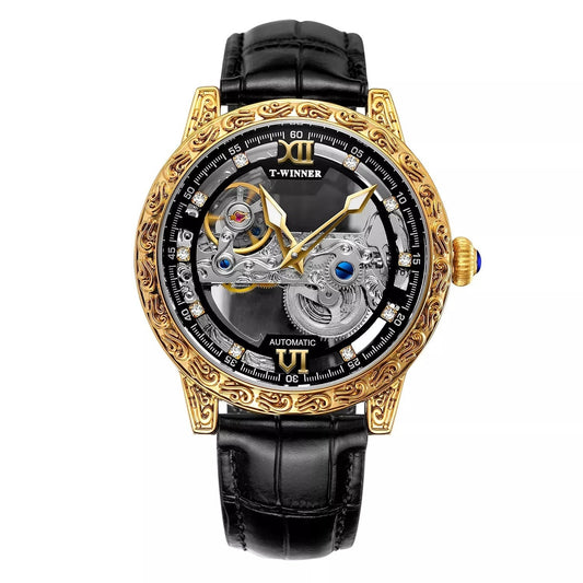 Men's vintage carved semi-automatic mechanical watch with detailed case and classic analog dial