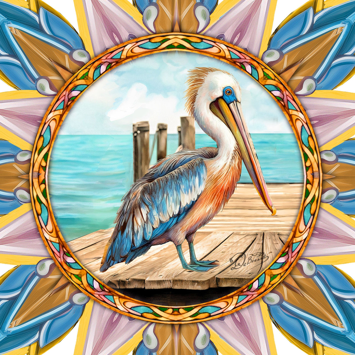 Wooden coastal pelican star tree topper by G. DeBrekht, wildlife holiday decor featuring detailed bird and star design.
