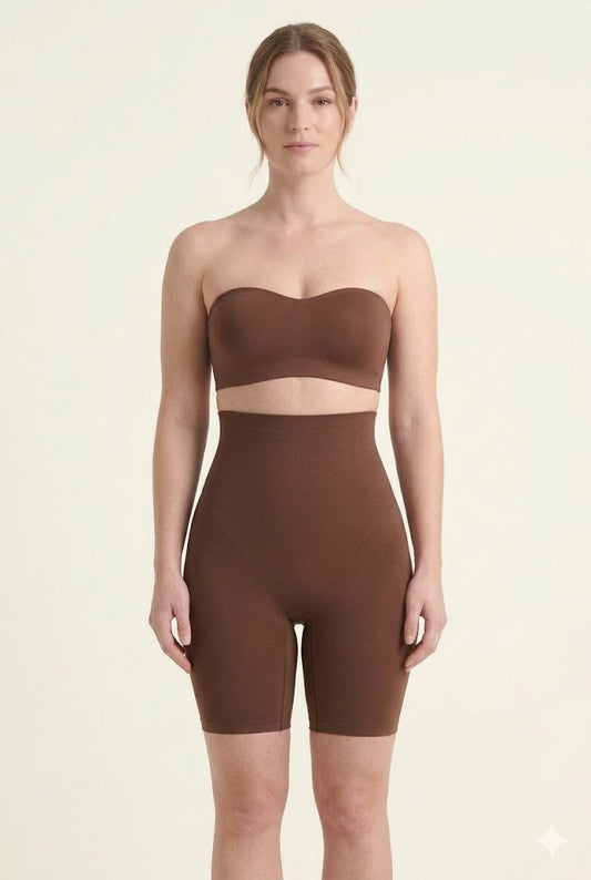 High-waisted women's shapewear tummy control shorts with thigh-slimming design in beigeાન્ય