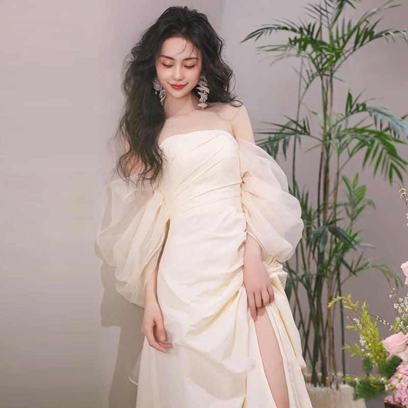 Simple long light wedding dress with tube top design by My Store