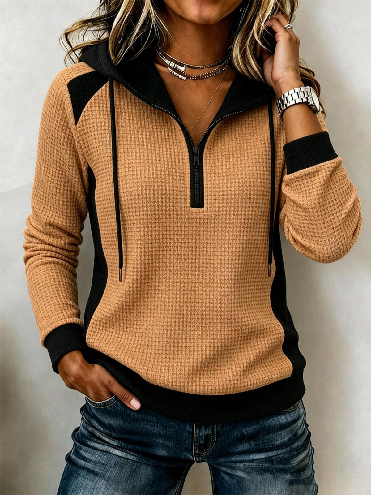 Women's waffle-knit half-zip hooded sweatshirt by My Store in a textured casual design