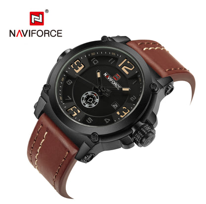 NAVIFORCE 9099 men's waterproof quartz watch with black dial and stainless steel band, showcasing durable outdoor design.