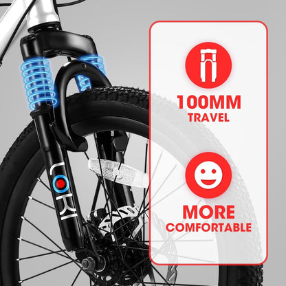 Kids mountain bike by GBruno Store, 20-inch size with 7-speed gears and front suspension, featuring colorful frame and knobby tires.