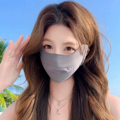 Women's sun-protective UV face mask covering the nose, mouth, and neck, shown in black textile fabric