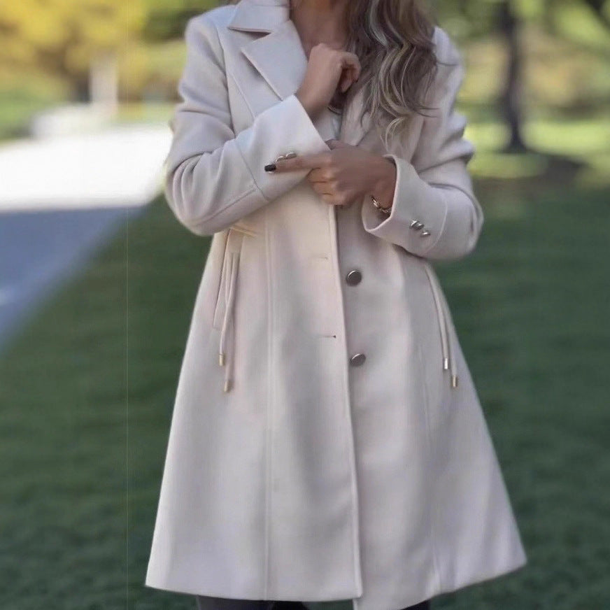 Women's solid-color mid-length wool coat with drawstring and pockets, front view