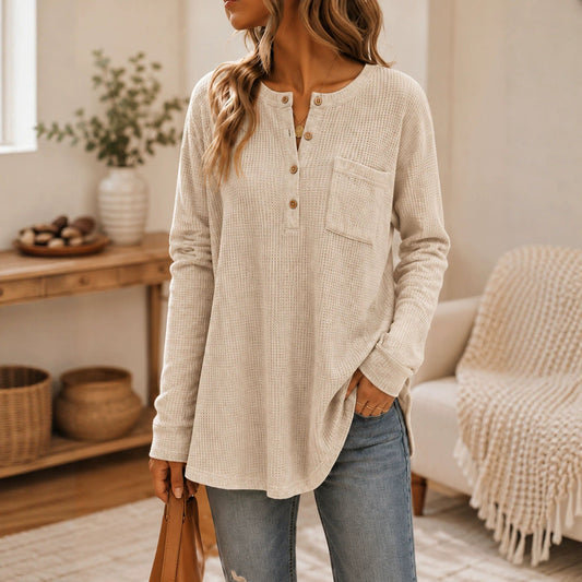 Solid waffle knit long sleeve top with pockets and buttons by Anno Fashion