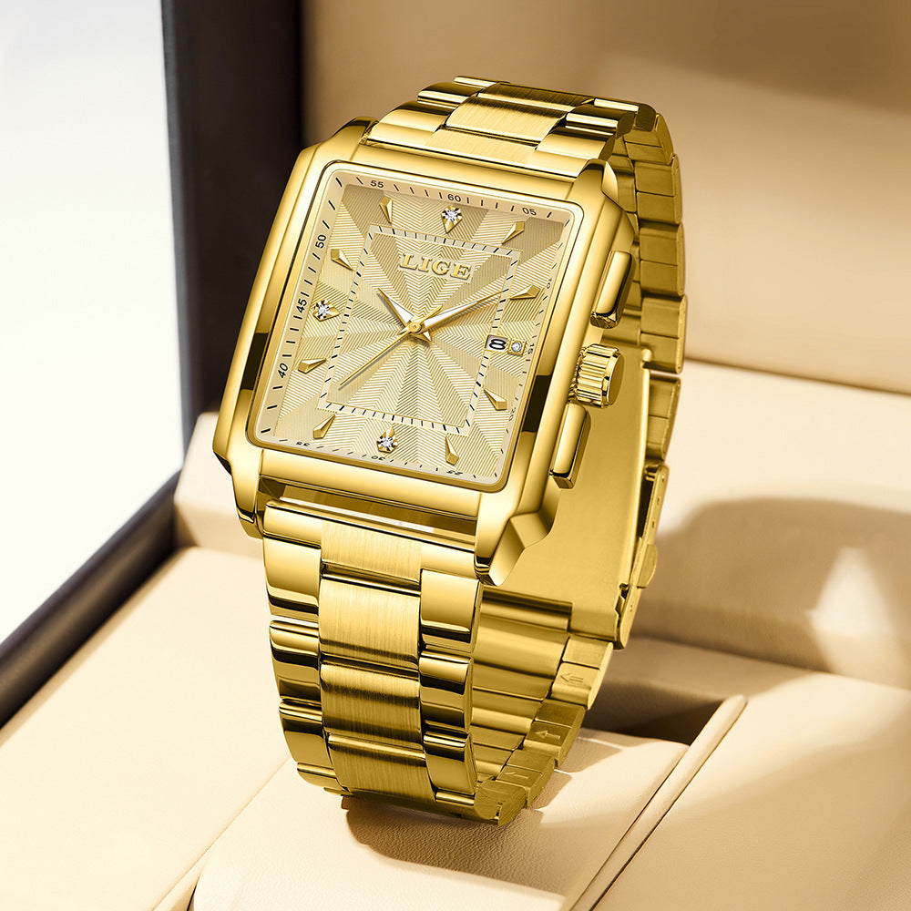 Men's square large-dial steel belt simple watch with minimalist face and silver-tone finish