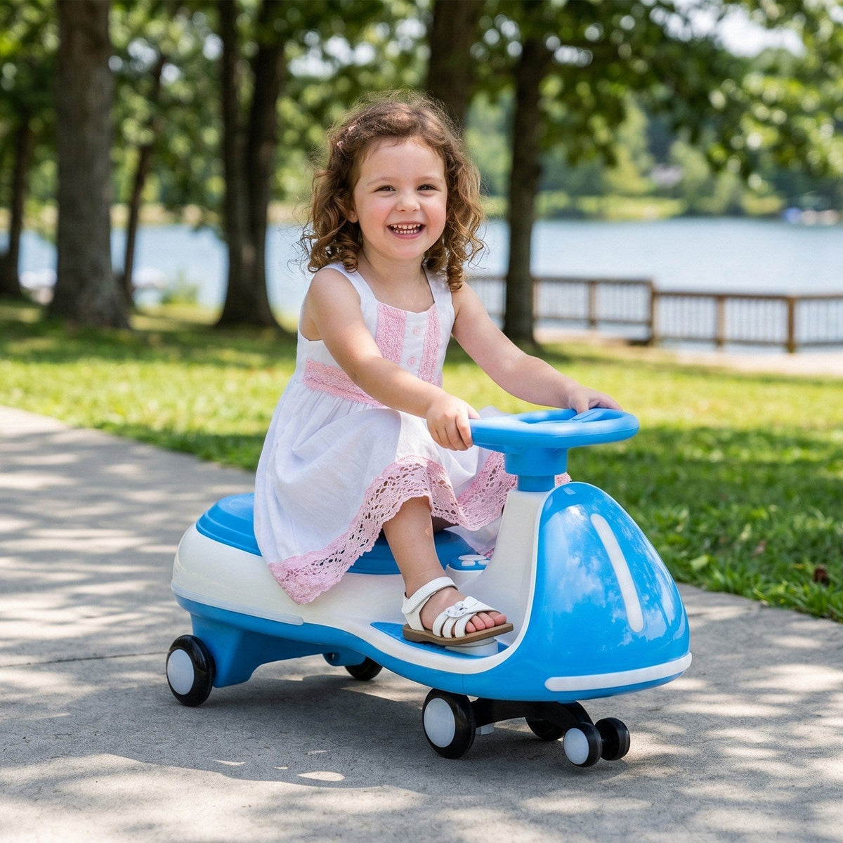 12V electric wiggle ride-on car by GBruno Store with dual motors, LED lights, and realistic design for kids.