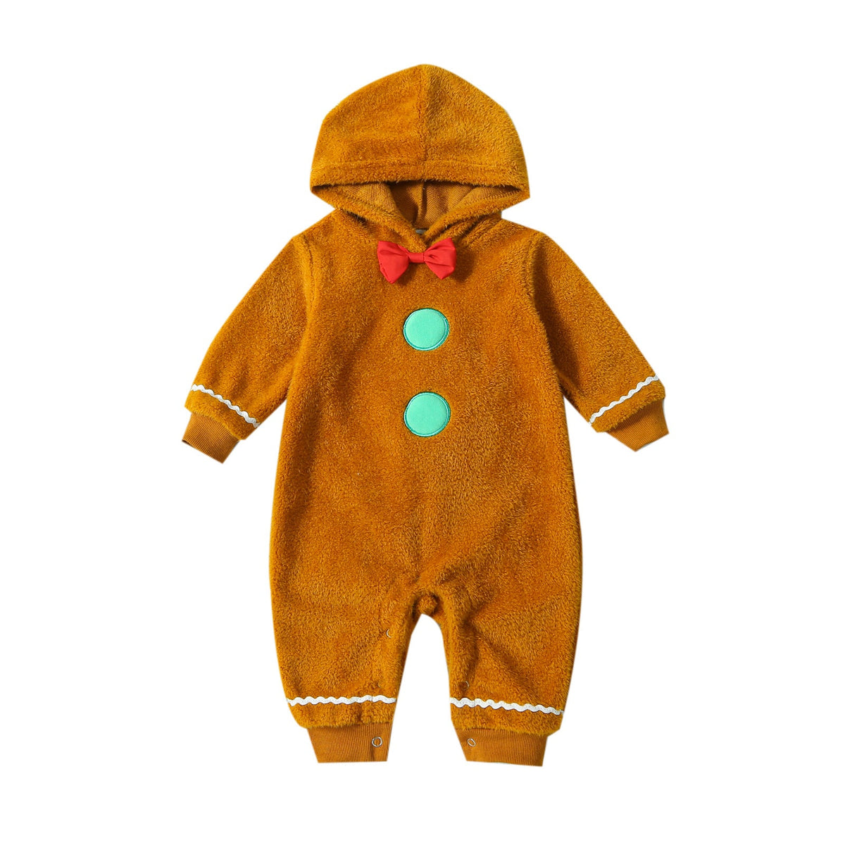 Children's Christmas infant fur hooded one-piece in solid color, front view