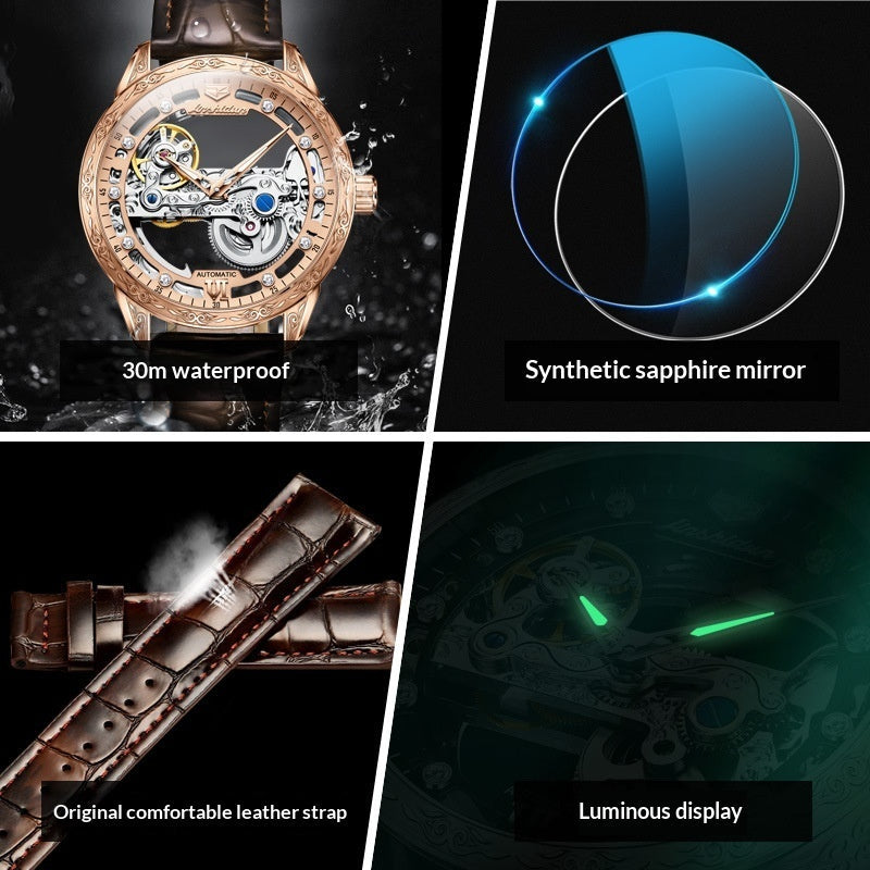 Openwork mechanical watch for men with waterproof leather strap and visible skeleton dial