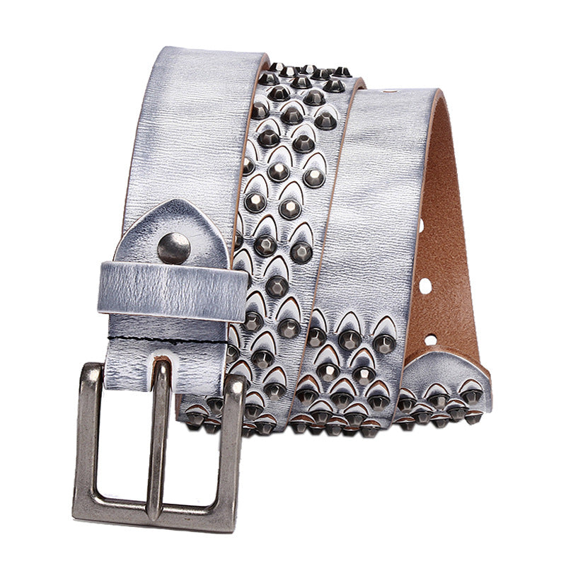 Women's distinctive rivet belt made of full-grain cowhide leather, close-up view