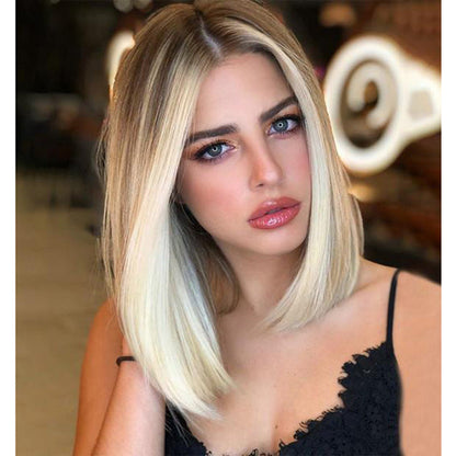 Women's gradient short bob wig with medium split style, synthetic hairpiece