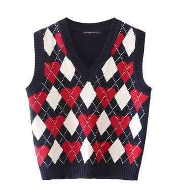 Retro preppy diamond-check knitted vest in a versatile sleeveless design, BM style