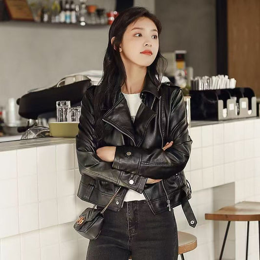 Short slim-fit PU leather jacket by My Store, black biker style with zip front and fitted silhouette