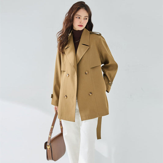 Women's casual elegant short trench coat in a classic design, front view