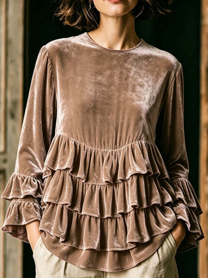 Women’s long-sleeve solid-color crew-neck top with ruffle trim and loose fit