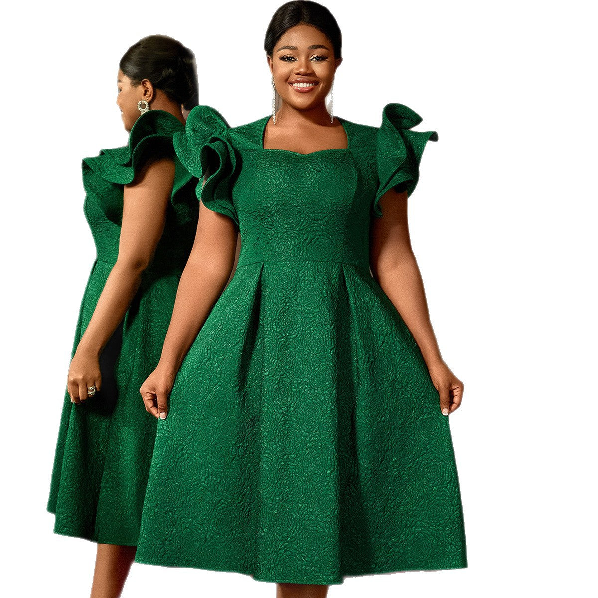 Lotus leaf three-dimensional sleeve A-line hem slimming evening dress, front view