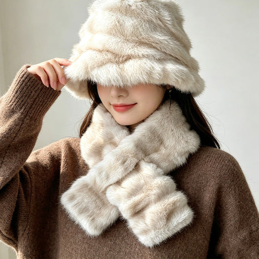 Winter warm hat and scarf set, fashionable plush outdoor cold protection two-piece accessory in soft neutral tones