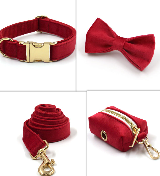 Dark grey velvet pet collar and leash set displayed together