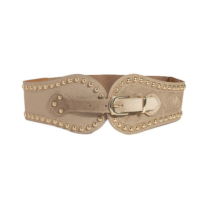 Women's suede rivet elastic wide waist belt with adjustable seal, Western-style design by My Store