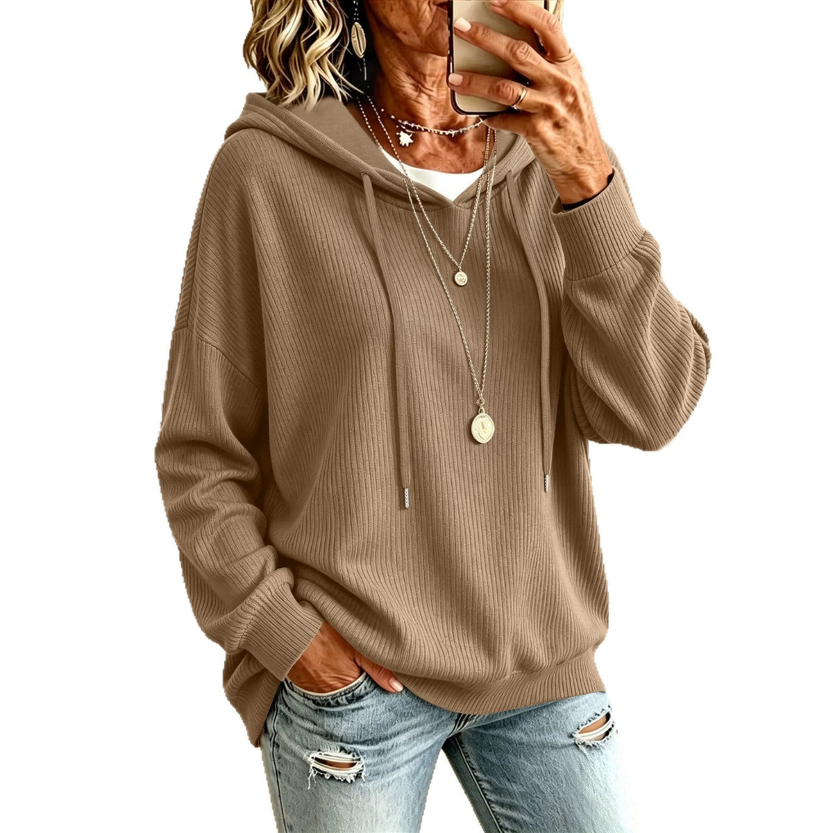 Women's solid color drawstring hooded knitted sweater with casual pocket and loose fit outer top